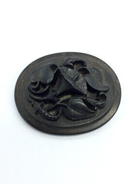 Vintage Black Brooch Carved Floral Morning Glory Flower Oval Pin Mourning Style